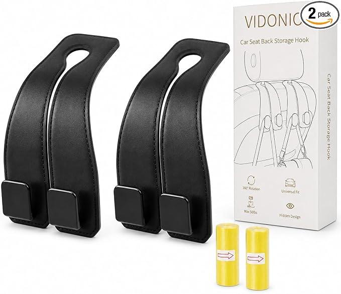 vidonio Car Headrest Hooks, 2 Pack 360° Rotating Double Hooks with Leather-Wrapped Metal Core, Heavy Duty Seat Back Purse Holder for Handbags, Grocery Bags and Backpacks, Black