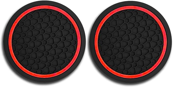 Car Cup Holder Coasters, Dustproof Automotive Interior Accessories Mat,2.75 Inch Non-Slip Insert Water Bottle Holder Pads, Universal for Vehicles, Trucks, RVs and More (Black/Red, 2PCS)