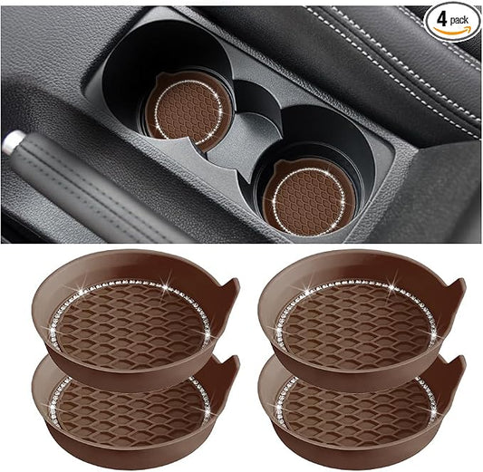 4PCS Bling Car Cup Holder Coaster, Crystal Rhinestone Insert Dustproof Non-Slip Drink Cup Mat, Diamond Shockproof Auto Interior Water Bottle Pad Cushion Coaster, Universal Fit (Coffee)