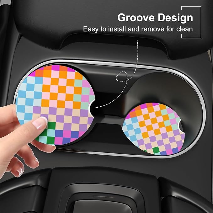 Ceramic Car Coasters – Absorbent Car Cup Holder Coaster Set for Women, Cute Aesthetic Car Accessories for Girls, 2 Pack (Pastel Parade)