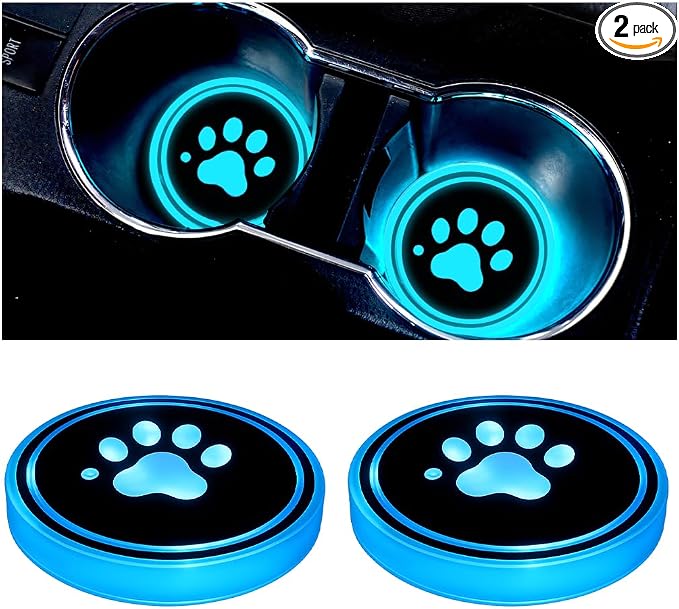 Mandark LED Car Cup Holder Lights, 2PCS Waterproof 7 Colors Changing Vehicle USB Charging Coaster Pad, Auto Interior Atmosphere Lamp Cup Mat Accessories, Universal for SUV Sedan Truck (Paw)