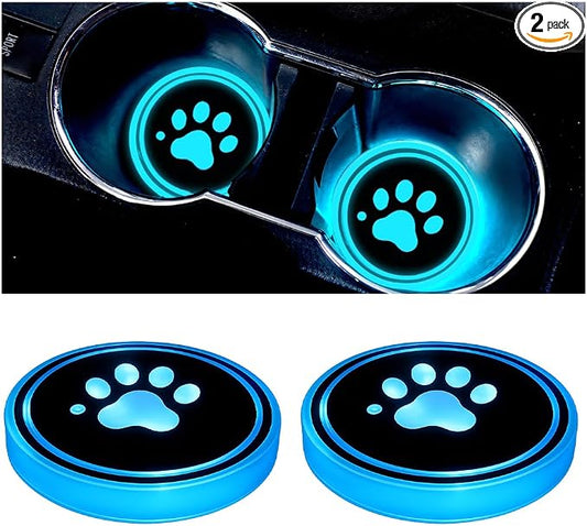 Mandark LED Car Cup Holder Lights, 2PCS Waterproof 7 Colors Changing Vehicle USB Charging Coaster Pad, Auto Interior Atmosphere Lamp Cup Mat Accessories, Universal for SUV Sedan Truck (Paw)