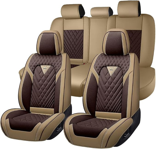 Fit for Toyota Crown Seat Covers 2023-2026,Premium Leather, 360° Full Protection, Thick Padding & Memory Foam, Waterproof & Stain-Resistant Car Seat Cover Full Set (5 Seat,Brown&Beige)
