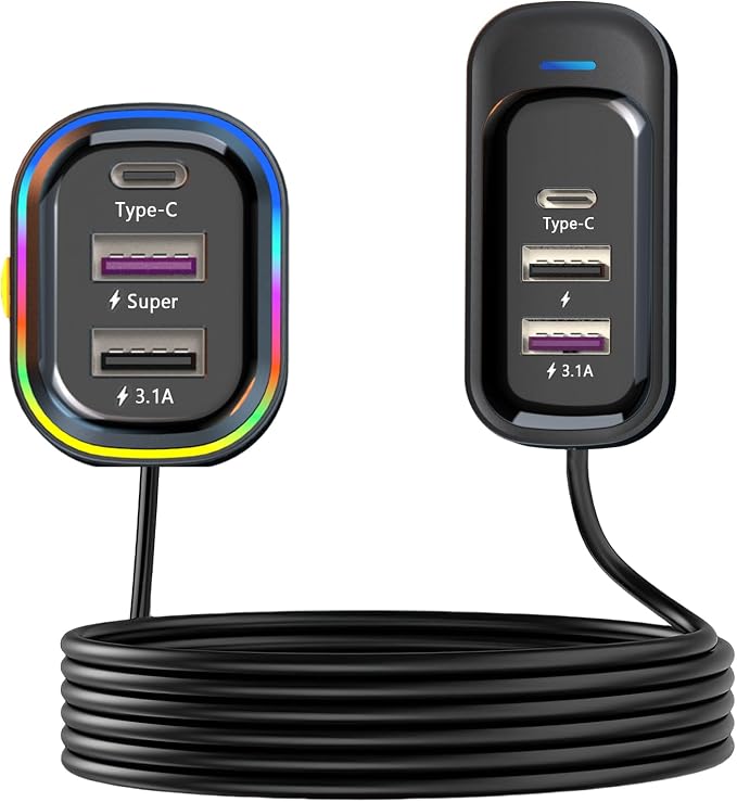USB C Car Charger, Cigarette Lighter USB Charger, 81W Multiport 6-Port 5FT | PD & QC3.0 Fast Charger for Multiple Devices, Car Travel Essentials, Compatible with iPhone 15/16/17, Pad, Galaxy S24