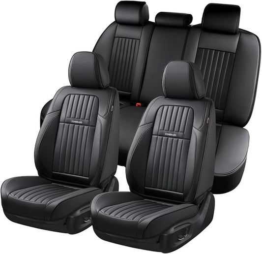 Coverado Car Seat Covers Full Set, Seat Covers for Cars, Black Car Seat Cover, Nappa Leather Car Seat Cushion, Car Seat Protector, Waterproof Car Seat Covers Front Seats and Back Fit for Most Cars