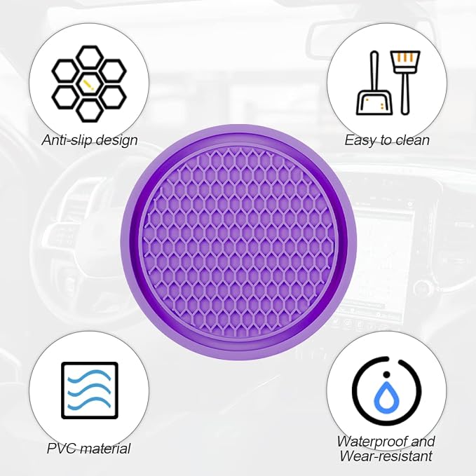 4 Pack Car Cup Holder Coaster, 2.75 Inch Diameter Non-Slip Universal Insert Coaster, Durable, Suitable for Most Car Interior, Car Accessory for Women and Men (Purple)