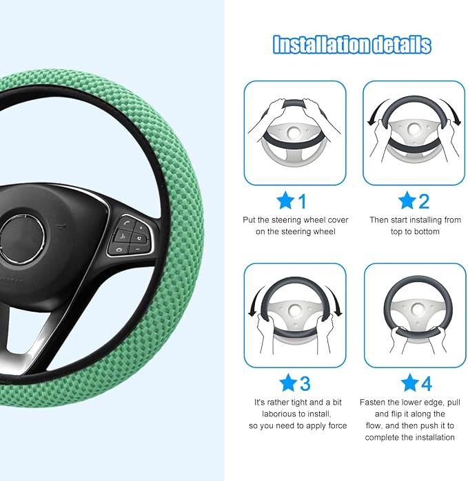 Car Elastic Stretch Steering Wheel Cover, 14.5-15" Breathable Ice Silk Anti-Slip Vehicle Steering Wheel Protector, Comfy Auto Interior Protection Accessories, Universal Fit (Green)