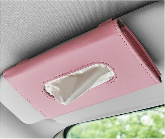 Car Tissue Holder, Vehicle Sun Visor Napkin Box Hanging Paper Towel Dispenser with Tissues Refill, Leather Backseat Paper Towel Case Visor Napkin Storage Holder for Most Cars (Pink)
