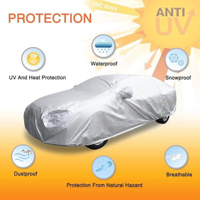 uxcell 3XL Silver Tone 190T Car Cover Outdoor Weather Waterproof Scratch Rain Snow Heat Resistant W Mirror Pocket 490 x 180 x 160cm