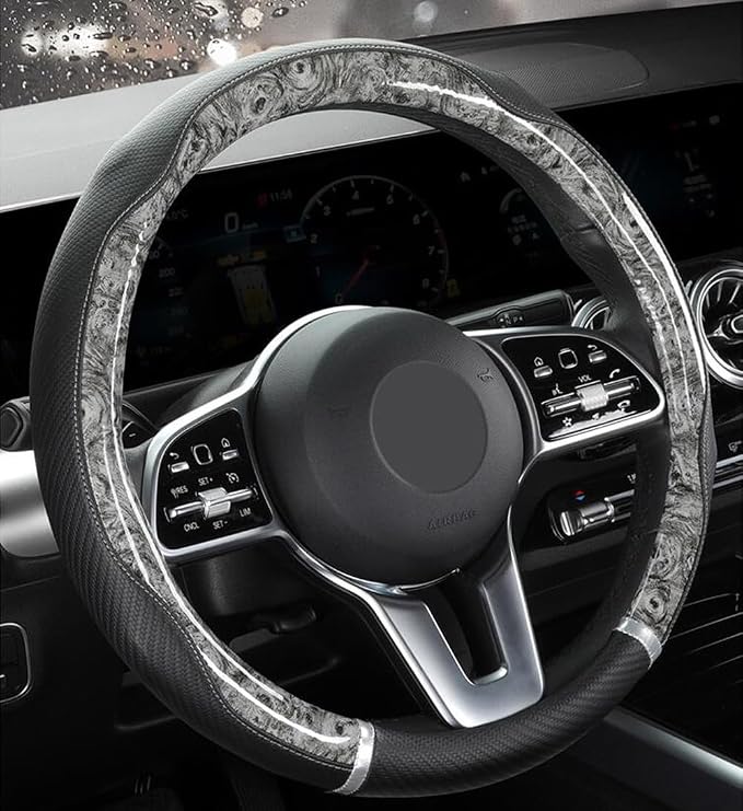 Peach Wood Grain Steering Wheel Cover Anti-Slip Breathable Durable Leather Four Seasons Universal 15 Inch Car Wrap Cover (Gray)
