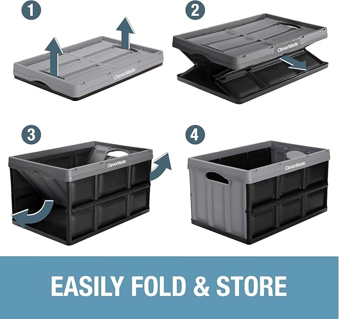 CleverMade Collapsible Storage Bins, 32L 3 Pack, Durable Plastic, Stone | Built-in handles simplify garage, car and household organization, while the roomy open-top keeps bulky supplies accessible