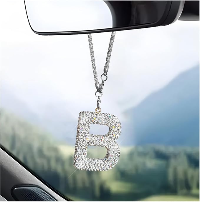 DXNQ Bling Initial Car Rear View Mirror Ornament, Crystal Sparkling Cute Letter Charm Pendant Auto Decor, Hanging Lucky Diamond Initial Charm Car Mirror Bag Ornament for Girl Women (Letter B)