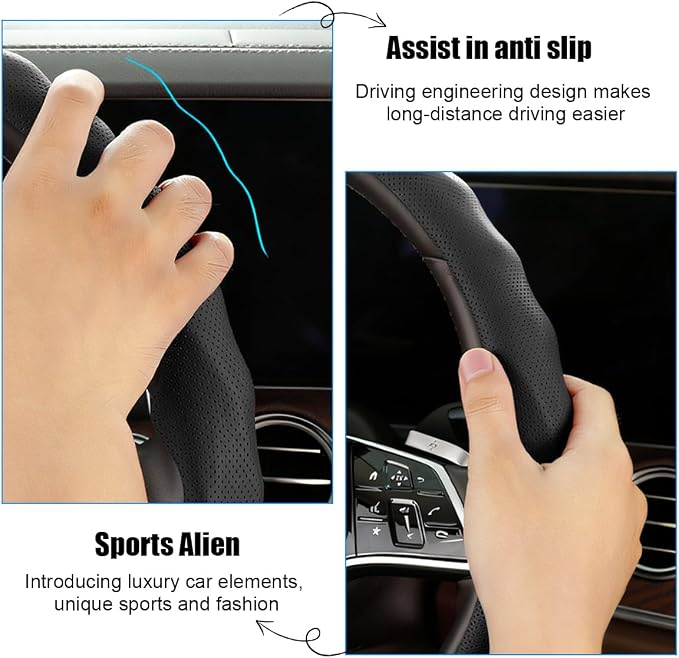 Car Steering Wheel Cover, 15 inch Nappa Leather Anti-Slip & Ultra-Thin 5D Vehicle Steering Wheel Protector, Breathable Automotive Interior Accessories, Universal Fit (Black)
