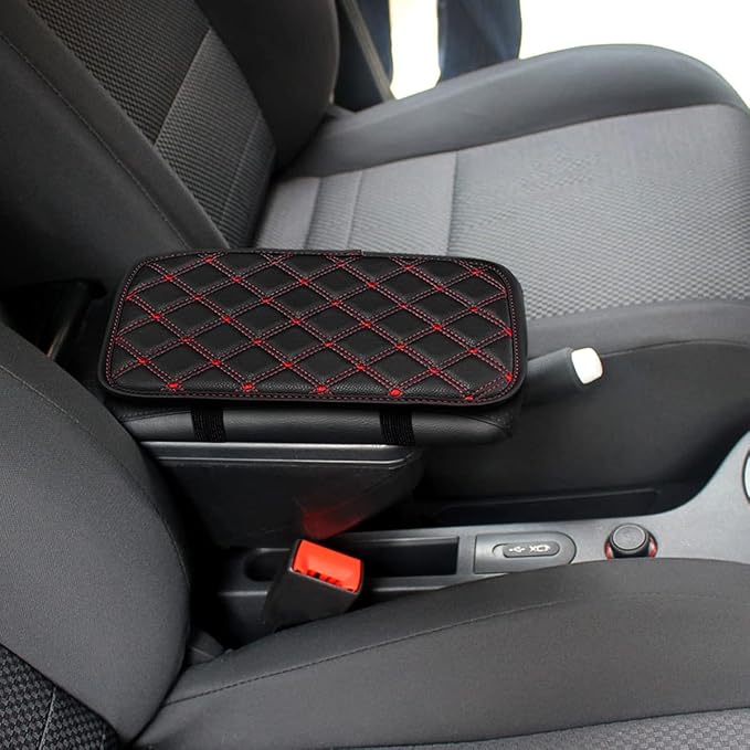 8sanlione Car Leather Center Console Cushion Pad, 11.4"x7.4" Waterproof Armrest Seat Box Cover Fit for Cars, Vehicles, SUVs, Comfort, Car Interior Protection Accessories (Black/Red-2)