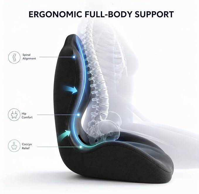 Pain Relief Ergonomic Seat Cushion with Lumbar Support, Memory Foam, L-Shaped, for Office Chair, Car Seat, Gaming Chair (Grey)