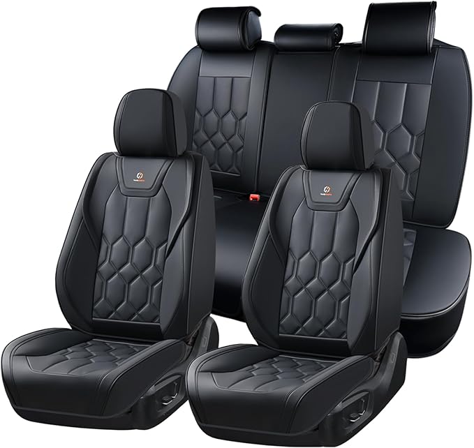 Huidasource Seat Covers Full Set, Universal Fit for Cars SUVs Trucks, Black | Full Coverage Leather Car Seat Cover, Airbag, Cupholder Compatible, Seat Function Retain, Velcro Adjustable
