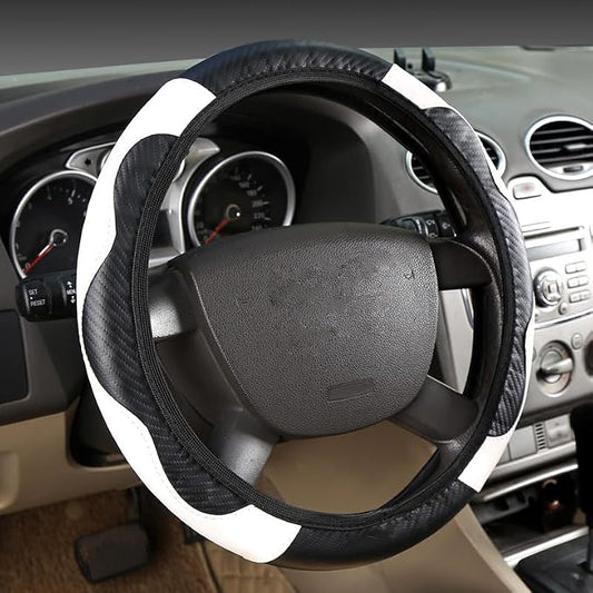 Ultra Fine Carbon Fiber Leather Steering Wheel Cover, Anti Slip and Sun Protective Protect The Steering Wheel, Easy to Install,Universal of 14.5"-15" (White)