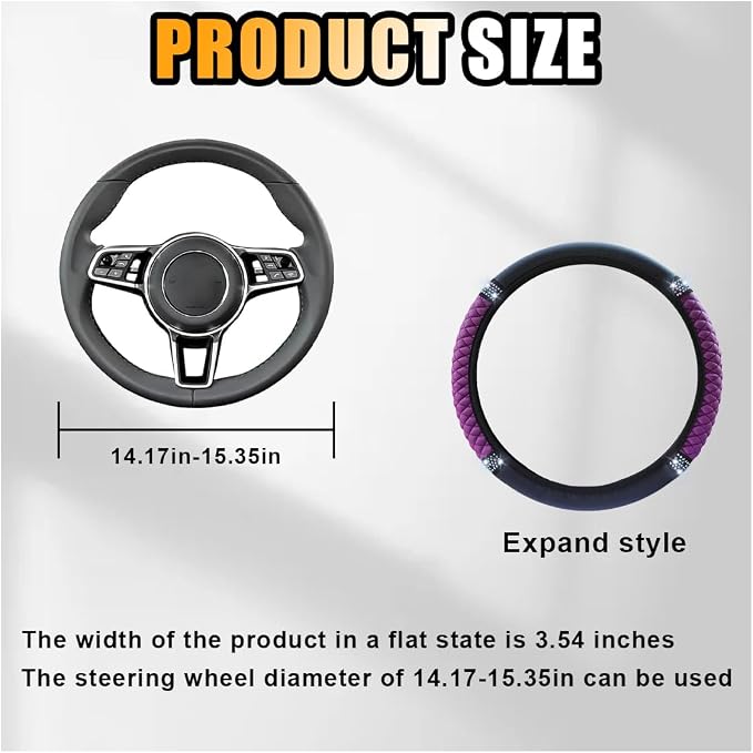 JOYCOURT 15 Inch Bling Soft Leather Car Steering Wheel Cover, Purple | Colorful Rhinestones Design, Auto Elastic Protector for Women Girls, Crystal Diamond Car Accessories for Most Cars, SUVs