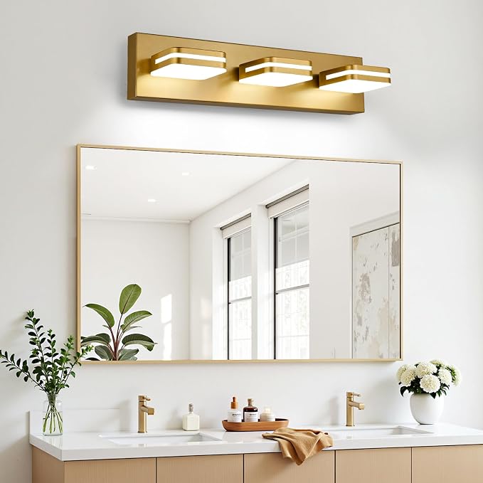 Torondo 360° Rotate LED Bathroom Vanity Light Fixtures, Acrylic Vanity Lights for Bathroom, Modern Wall Lighting Fixtures Over Mirror Living, Gold, Natural White, 3-Light, 17-Inch
