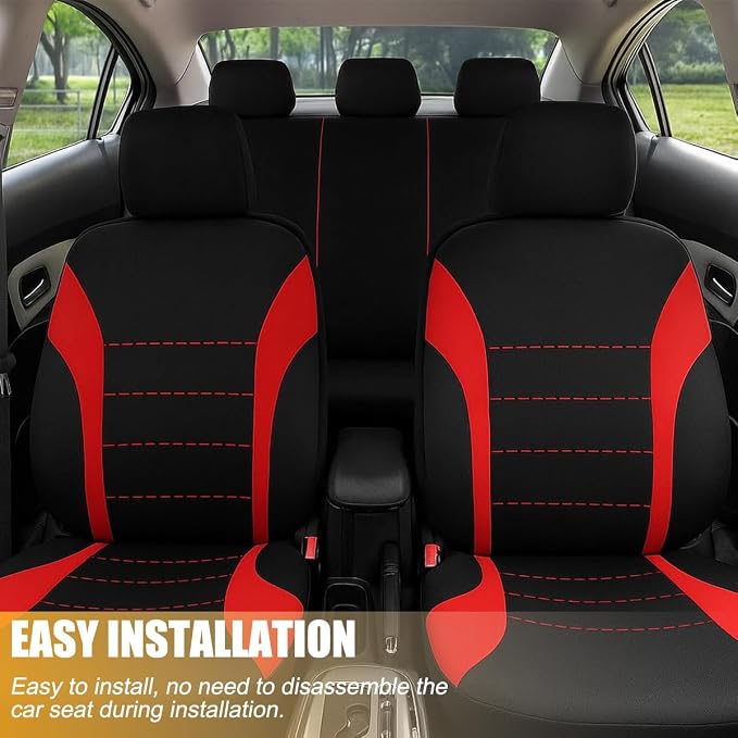 Car Seat Cover Full Set, Fashion Soft Sponge Vehicle Front and Rear Split Bench with Removable Headrest Cover, Breathable Auto Seat Protector, Universal for Truck SUV Sedan (Red/Black)