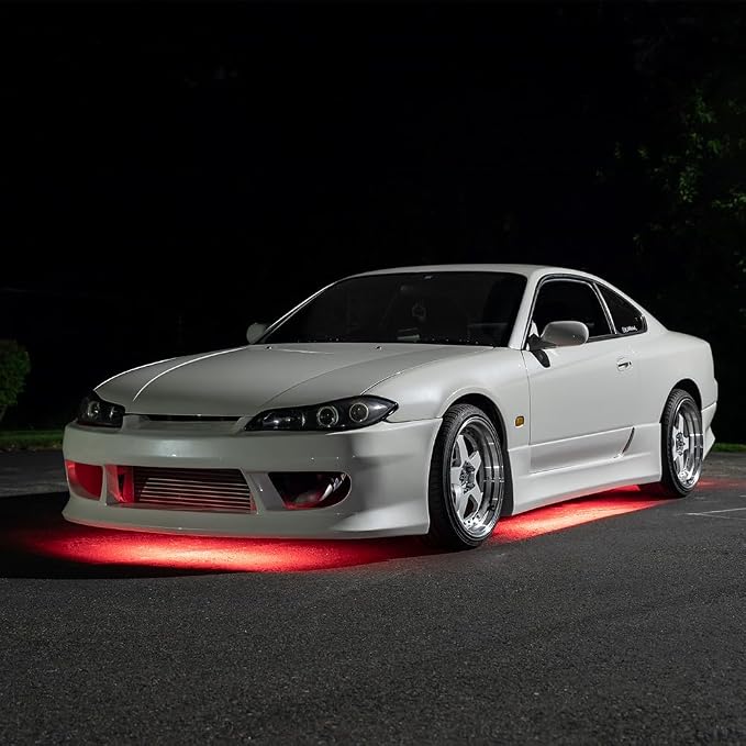 LEDGlow 4pc Red Slimline LED Car Flexible Underglow Lighting Kit | Neon Accent Lights Include Flex Underbody Tubes, Solid Color Illumination, 4 Modes, Control Box & Remote