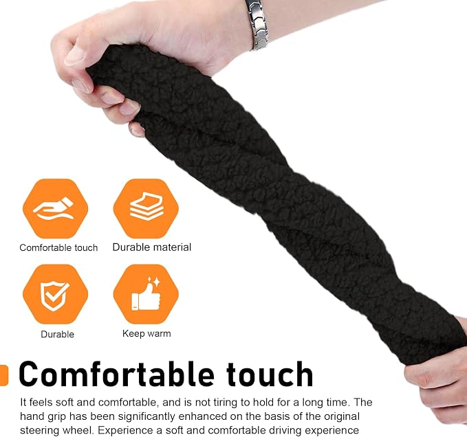Fuzzy Warm Steering Wheel Cover for Winter, Soft Faux Lamb Fleece with Anti-Slip Inner Ring, 14.96" Inner Diameter Cozy Protective Driving Cover, Universal for Most Cars (Black)