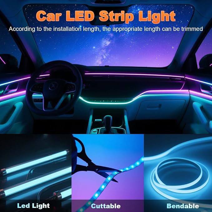 RGB 6 in 1 Interior Car LED Strip Light with Wireless APP,16 Million Interior Lights Car Dreamcolor Acrylic Ambient Lighting 600 LED Music Sync Neon Lights Kits (6 in 1 Set + App Control)