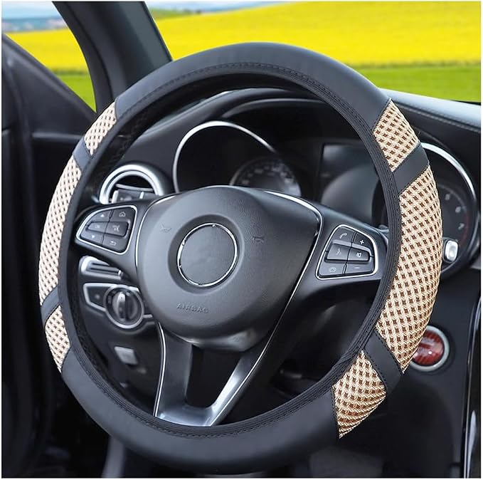 Car Steering Wheel Cover, Elastic Stretch Breathable Leather Vehicle Steering Wheel Protector, Automotive Interior Protective Accessories, Universal for SUV RV Truck (Beige)