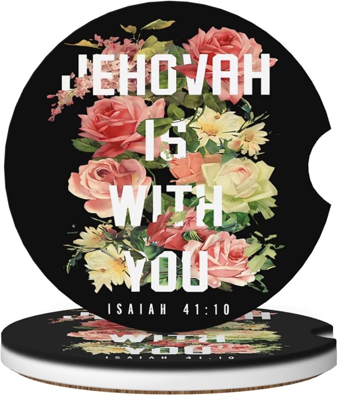 Jehovah is with You Floral Absorbent Ceramic Car Coasters 2 Pack Round Insert Cupholder Coaster Car Cup Holder Mat with Finger Notch Anti-Slip Cork Base Reusable Drink Coasters 2.56 in
