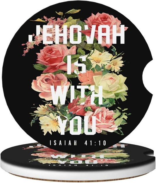 Jehovah is with You Floral Absorbent Ceramic Car Coasters 2 Pack Round Insert Cupholder Coaster Car Cup Holder Mat with Finger Notch Anti-Slip Cork Base Reusable Drink Coasters 2.56 in