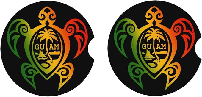 Guam Turtle Palm Trees Absorbent Ceramic Car Coasters 2 Pack Round Insert Cupholder Coaster Car Cup Holder Mat with Finger Notch Anti-Slip Cork Base Reusable Drink Coasters 2.56 in