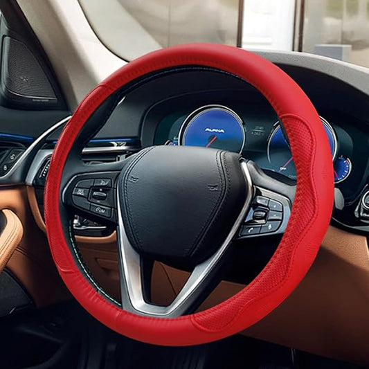 15 Inch Leather Car Steering Wheel Cover for SUV, Truck, Red | Anti-Slip Breathable Automotive Steering Wheel Protector, Universal Heat Resistant Vehicle Interior Accessories
