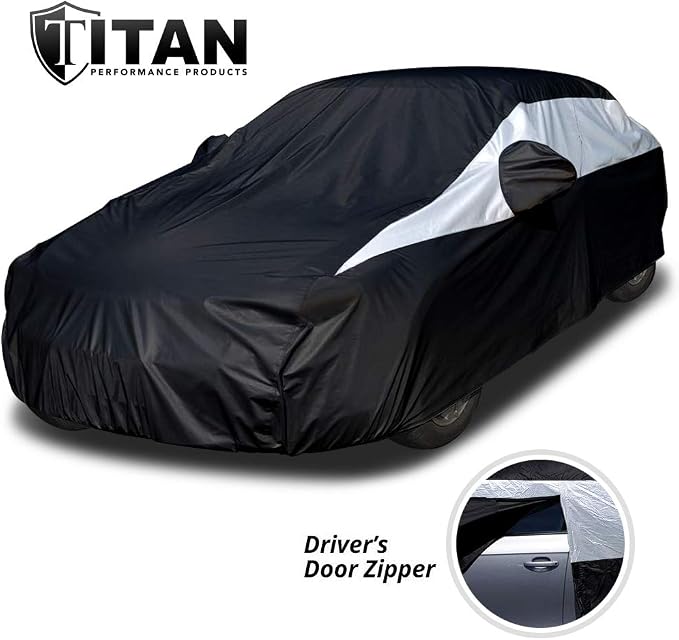 Titan Jet Black Poly 210T Car Cover for Sedans 186-202". Waterproof, UV Protection, Scratch Resistant, Driver-Side Zippered Opening. Fits Camry, Accord and More.