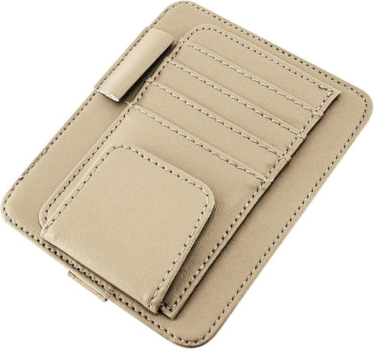 Leather Car Sun Visor Organizer, Multifunctional Auto Visor Document Holder with Sunglasses Clip, Universal Vehicle Interior Pocket Storage Accessories for Drving License, Card, Pen (Beige)