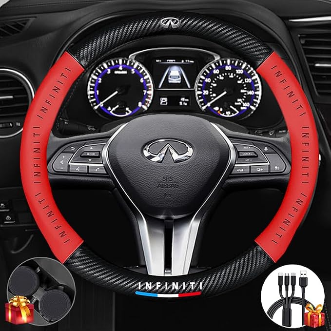 Steering Wheel Cover Compatible with Infiniti, Nappa Leather&Carbon Fiber Texture Steering Wheel Cover, 14.5-15 Inch Diameter with 2 Coasters and USB Fast Charging Cable (Red)