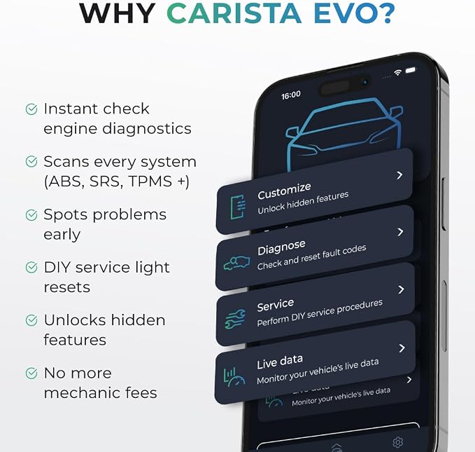 Carista EVO - Bluetooth OBD2 Scanner - Car Diagnostic Tool & Code Reader with Access to Diagnostics, Customizations, Service Tools & Live Data (Subscription Required)