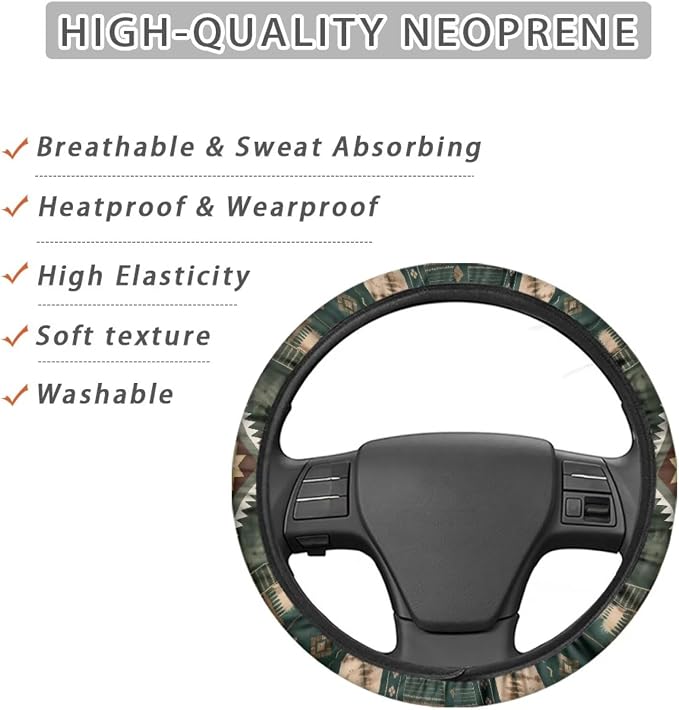 Wanyint Car Steering Wheel Cover Universal 15 Inch Steering Wheel Protector Auto Accessories Decor Anti-Slip Washable Universal Fit Most Vehicles, Southwest Aztec Dark Green