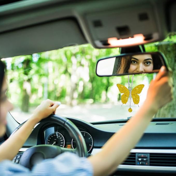 JOYCOURT Bling Butterfly Diamond Car Hanging Accessories for Women, Yellow | Crystal Butterfly Rear View Mirror Luck Car Decoration Accessories, Valentine's Day Presents Ornament Pendant for All Cars