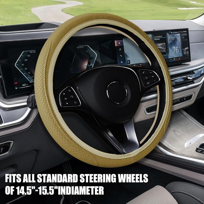 Car Steering Wheel Cover, Universal 14.5-15 Inch Beige Leather Steering Wheel Wrap with Better Sport Grip for Men Women, Anti-Slip Breathable Car Interior Accessories for Most Vehicles (Beige2)