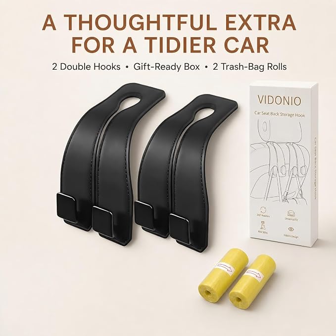 vidonio Car Headrest Hooks, 2 Pack 360° Rotating Double Hooks with Leather-Wrapped Metal Core, Heavy Duty Seat Back Purse Holder for Handbags, Grocery Bags and Backpacks, Black