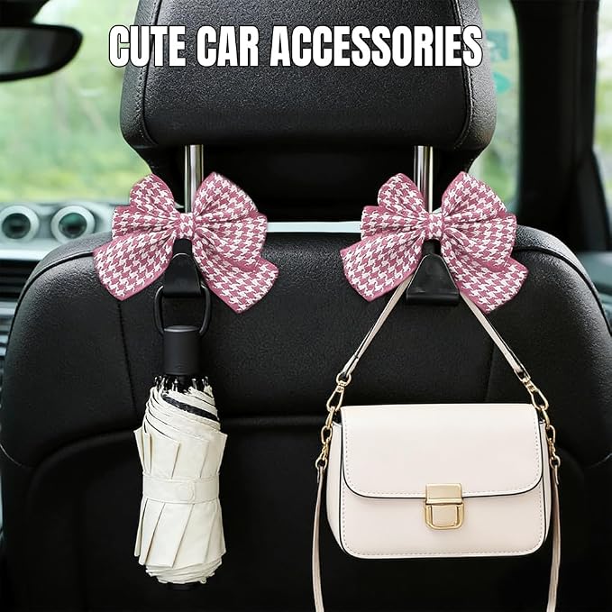 2PCS Car Seat Headrest Hooks, Car Purse Hook, Cute Bow Knot Vehicle Seatback Hanging Storage Organizer, Auto Seatback Decor Organizer Hanger for SUV Truck (Houndstooth/Pink)