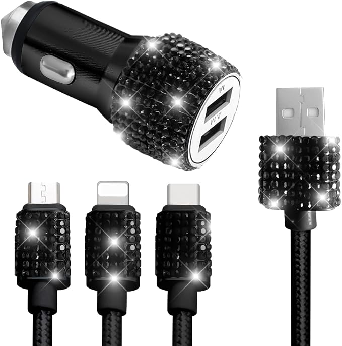 Bling Dual USB Car Charger with 3-in-1 Multi Fast Charging Cable, Dual Port Charger Adapter with Type C Micro USB Cord for iPhone, Android, Rhinestones Car Interior Accessories for Women(Black)