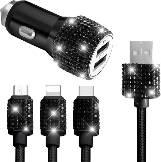 Bling Dual USB Car Charger with 3-in-1 Multi Fast Charging Cable, Dual Port Charger Adapter with Type C Micro USB Cord for iPhone, Android, Rhinestones Car Interior Accessories for Women(Black)