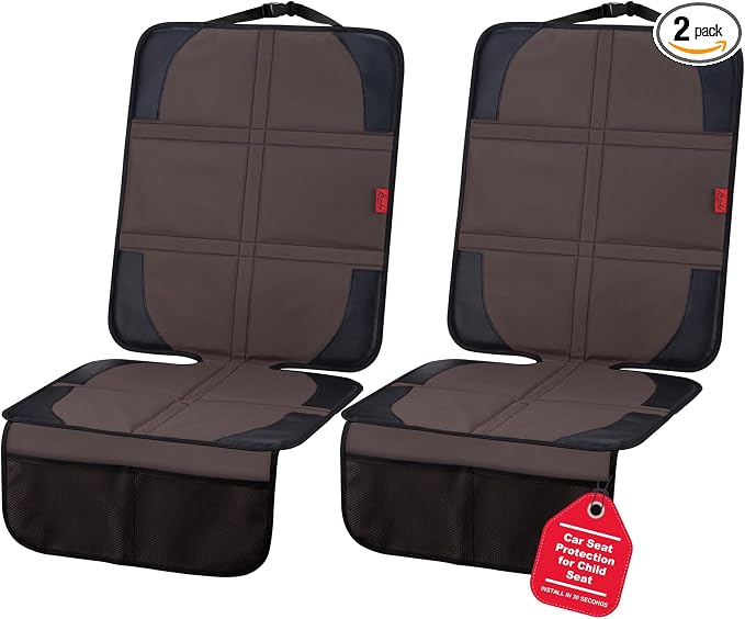 Kaiphy Car Seat Protector with Thick Padding + XL Large Car Seat Cover for Child Car seat, Eco Friendly Waterproof & Durable Fabric + 2 Storage Pockets Protect Fabric or Leather Seats 2Pack (Brown)