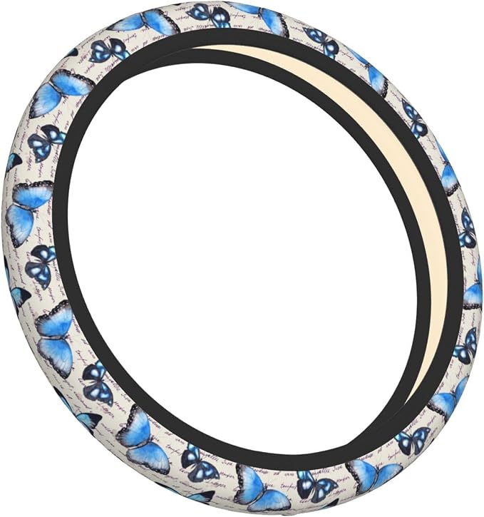 Vintage Butterfly Blue Steering Wheel Cover for Women Men Girls Car Accessories Decor Anti-Slip Neoprene Auto Steering Wheel Covers Protector Universal 15 Inch