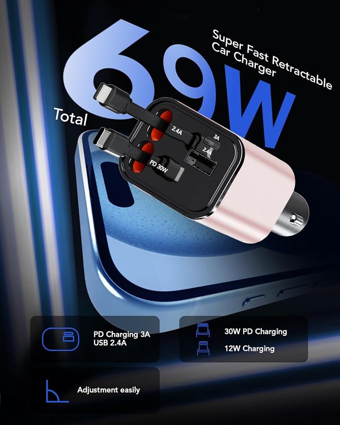 84W Retractable Car Charger,Car Phone Charger USB C Fast Charge for iPhone | EloBeth Car Charger,Cigarette Lighter USB Charger Car Accessories,Road Trip Essentials Gift for Men,for iPhone 17/16,Galaxy