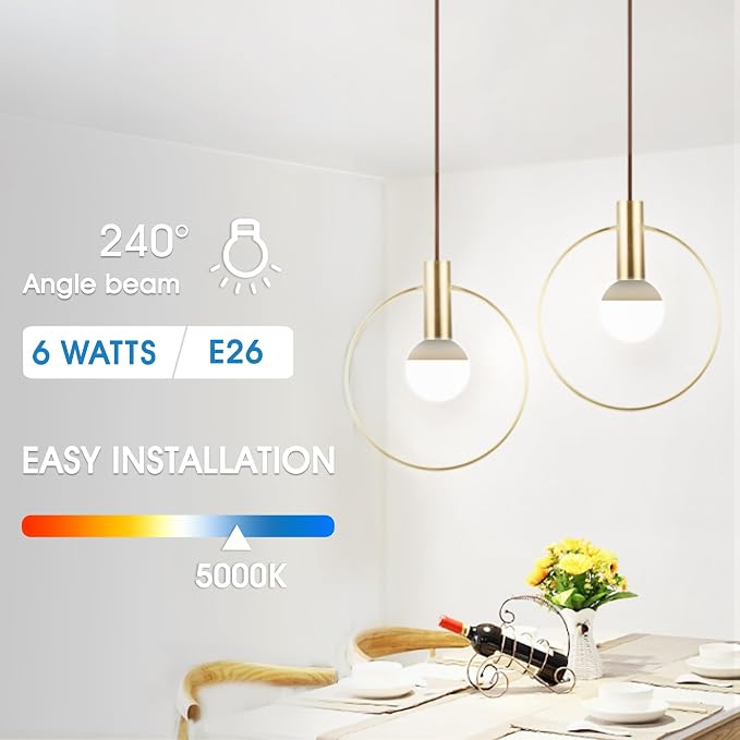 G25 LED Globe Light Bulbs, Vanity Light Bulb for Bathroom 60W Equivalent, 5000K Daylight White E26 Base, Round Decorative Bulb for Vanity Makeup Mirror, Home Lighting CRI85+, Non-Dimmable, 6 Pack