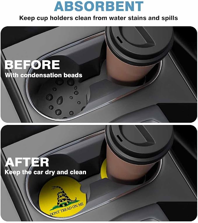 Gadsden Flag Car Coasters for Cup Holders Don't Tread on Me Car Cup Holder Coasters 2 Pack for Car, Anti Slip Ceramic Car Cup Mat with Finger Notch Cute Car Interior Accessories for Women Men