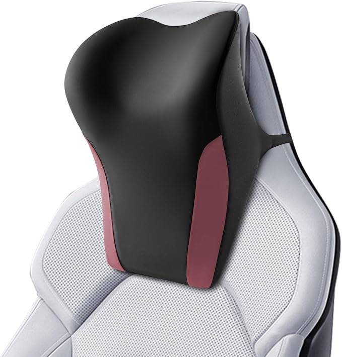 BABUR Car Headrest Pillow, Ergonomic Neck Support for Driving Seat 1 Pcs | Black Red,100% Memory Foam,Universal Fit,Softness,Adjustable Strap,Breathable Removable Cover,Car Rest Pillow for Pain Relief
