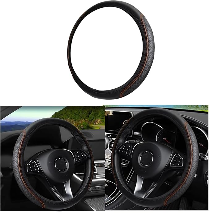 LoyaForba Leather Car Steering Wheel Cover, Elastic Breathable Anti-Slip Steering Wheel Protector, Car Interior Accessories for Men Women, Universal 15 Inch for Most Cars (Black/Orange)